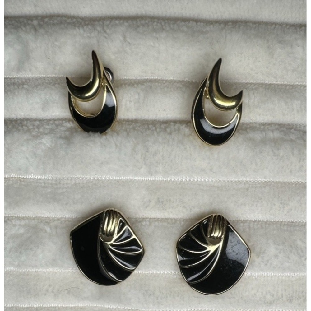 2 Pairs of Signed Trifari Earrings Vintage-Pierced- Black Enamel w. Gold